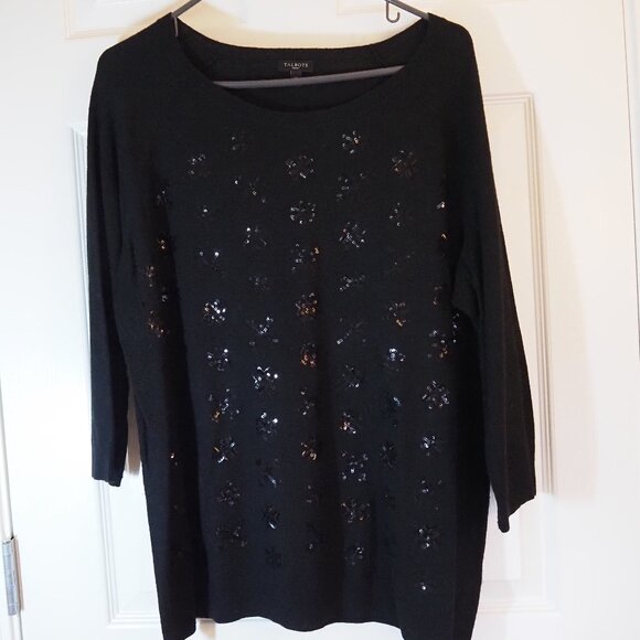 Talbots Black Nylon/Lambswool sweater with Black Sequin Snowflakes 1X - Picture 1 of 4